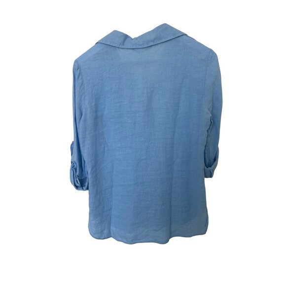 Zara Light Blue 100% Linen Button-Up Shirt With Roll Tab Sleeves & Front Pocket - Picture 2 of 5